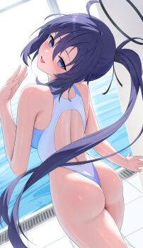 1girl absurdres alternate_costume alternate_hairstyle ass back back_cutout black_halo blue_archive blue_eyes blue_hair blush clothing_cutout commentary competition_swimsuit from_behind halo hand_up highleg highleg_one-piece_swimsuit highres long_hair looking_at_viewer looking_back mechanical_halo one-piece_swimsuit one-piece_thong open_mouth ponytail pool poolside rosumerii smile solo swimsuit thighs water white_one-piece_swimsuit yuuka_(blue_archive)