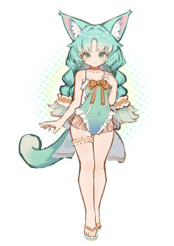 1girl animal_ear_fluff animal_ears chack520 chest_ribbon chinese_commentary choker commentary_request flip-flops frilled_one-piece_swimsuit frilled_thigh_strap frills full_body green_eyes green_hair green_one-piece_swimsuit halftone halftone_background highres large_ears large_variant_set long_hair looking_at_viewer neck_ribbon one-piece_swimsuit original ribbon sandals solo swimsuit tail thigh_strap thighs variant_set white_background