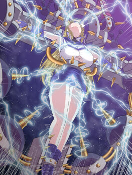 1girl absurdres baketsumuri blonde_hair blue_boots blue_gloves blue_skirt boots breasts byser_shock clenched_teeth commentary_request crucifixion duel_academy_uniform_(yu-gi-oh!_gx) duel_monster electrocution gloves head_back highres large_breasts long_hair miniskirt panties pencil_skirt restrained ryona school_uniform screaming shirt skirt stationary_restraints teeth tenjouin_asuka textless_version torture underwear viser_des white_panties white_shirt yu-gi-oh! yu-gi-oh!_gx