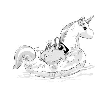 Rule 34 | 1boy, absurdres, chainsaw, chainsaw man, commentary request, creature, dessert, floating, floating object, food, highres, holding, holding food, holding ice cream, holding ice cream cone, ice cream, ice cream cone, iing naoe, multiple scoops, pet, pochita (chainsaw man), sunglasses, teeth