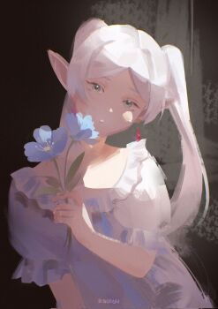 dark_background dress flower frieren hashtag-only_commentary highres ikachyu petals pointy_ears sousou_no_frieren sundress white_hair