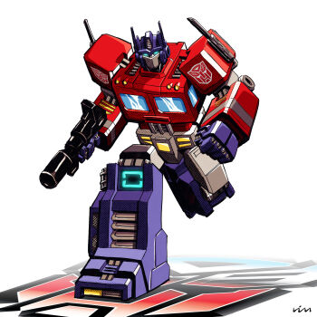 absurdres autobot blue_eyes energy_gun glowing glowing_eyes helmet highres humanoid_robot insignia jim_stafford laser_rifle machine mask mecha mouth_mask optimus_prime robot science_fiction smokestack transformers weapon