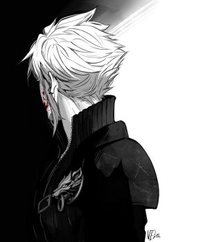 1boy armor black_sleeves black_vest blood blood_on_face chest_strap cloud_strife facing_away fenrir_(final_fantasy) final_fantasy final_fantasy_vii final_fantasy_vii:_advent_children highres male_focus pauldrons sageixx short_hair shoulder_armor signature single_pauldron single_sleeve solo spiked_hair spot_color upper_body vest zipper