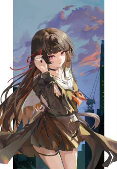 1girl arm_cutout black_choker black_hair black_jacket black_shirt black_skirt blue_sky chisa_(wuthering_waves) choker closed_mouth clothing_cutout commentary evening hair_ribbon highres id_card jacket kuza_brs long_hair long_sleeves looking_at_viewer neckerchief outdoors red_eyes red_neckerchief red_ribbon ribbon sailor_collar shirt skirt sky smile solo thigh_strap thighs white_sailor_collar wuthering_waves