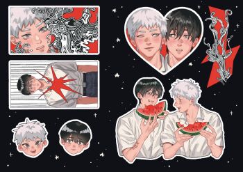 Rule 34 | 2boys, black hair, buttons, collared shirt, eating, food, fruit, heart frame, highres, hikaru ga shinda natsu, indou hikaru, male focus, mole, mole on cheek, mole on neck, mole under eye, mole under mouth, multiple boys, multiple moles, one eye closed, outline, red pupils, shirt, short hair, tsujinaka yoshiki, verbartt, watermelon, watermelon slice, white hair, white shirt