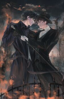 2boys ajsaart amon_(lord_of_the_mysteries) bare_tree black_coat black_eyes black_gloves black_hair black_hat black_necktie black_pants black_suit black_vest branch cane clothes_grab cloud cloudy_sky coat collared_shirt embers eye_contact face-to-face faceoff fence fire formal_clothes full_moon gloves hat highres holding holding_cane holding_necktie klein_moretti long_sleeves looking_at_another lord_of_the_mysteries male_focus monocle moon multiple_boys necktie night pants red_moon shirt short_hair sky smile suit top_hat tree vest wavy_hair white_gloves white_shirt