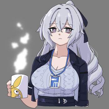 Rule 34 | 1girl, bags under eyes, breasts, bronya zaychik, bronya zaychik (outstanding attitude), bronya zaychik (silverwing: n-ex), cleavage, closed mouth, commentary request, cup, grey background, grey eyes, grey hair, grey sweater, highres, holding, holding cup, homu (honkai impact), honkai (series), honkai impact 3rd, lanyard, large breasts, long hair, looking at viewer, mokkyo (motkyo), mug, official alternate costume, pink pupils, ribbed sweater, simple background, solo, steam, sweater, upper body