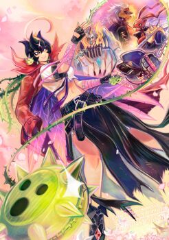 Rule 34 | 1girl, 4boys, absurdres, banchogolemon, bancholeomon, bancholilimon, banchomamemon, banchostingmon, black gloves, black skirt, breasts, digimon, digimon (creature), fingerless gloves, gloves, green hair, group picture, highres, jacket, large breasts, long hair, midriff, multiple boys, nail polish, navel, plant hair, red jacket, shirt, skirt, solo focus, thorns, trait connection, white shirt, yo-yo, zeroarmsgrani