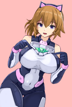 1girl bare_shoulders bodysuit breasts brown_hair commentary_request covered_erect_nipples elbow_gloves fumina_avatar gloves gundam gundam_build_fighters gundam_build_fighters_try gundam_build_metaverse highres hoshino_fumina konpotsu large_breasts looking_at_viewer open_mouth pink_background purple_eyes simple_background sleeveless sleeveless_bodysuit smile solo