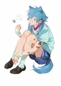 Rule 34 | 1boy, ?, animal ears, arm up, black shoes, blue shirt, blue shorts, collared shirt, commentary, dramatical murder, full body, hair behind ear, helianthus zzzz, kemonomimi mode, long hair, looking at viewer, male focus, parted lips, purple shirt, seragaki aoba, shirt, shoes, shorts, sitting, socks, solo, speech bubble, spoken question mark, sticker, sticker on arm, sticker on face, t-shirt, tail, untranslatable commentary, white shirt, white socks, wing collar, wristband