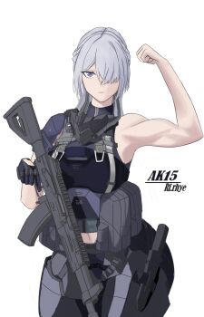 Rule 34 | 1girl, ak-15, ak-15 (girls' frontline), armor, artist request, assault rifle, commentary request, dagger, girls' frontline, griffin &amp; kryuger logo, gun, highres, kalashnikov rifle, knife, long hair, looking at viewer, mask, muscular, navel, one eye covered, rifle, weapon, white hair