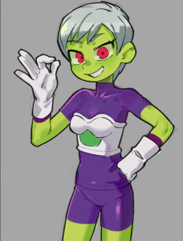 1girl cheelai chi-iz colored_skin dragon_ball dragon_ball_super gloves green_skin grey_background grey_hair ok_sign red_eyes short_hair simple_background smile solo standing white_gloves