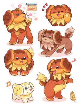 :3 absurdres alternate_color animal_focus closed_eyes closed_mouth commentary_request dachsbun dog evolutionary_line fidough highres musical_note neko_gyoza nintendo no_humans notice_lines open_mouth pokemon pokemon_(creature) pokemon_focus shiny_and_normal shiny_pokemon sign smile tongue waving wheat