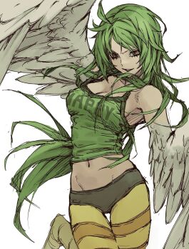 1girl aseupilin666 breasts cleavage crop_top feathered_wings green_hair green_tank_top hair_over_one_eye harpy highres long_hair midriff monet_(one_piece) monster_girl navel one_piece orange_pantyhose pantyhose parted_lips simple_background solo striped_clothes striped_pantyhose tank_top two-tone_pantyhose white_background white_wings wings yellow_pantyhose