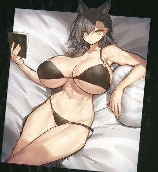 1girl alternate_breast_size_(larger) alternate_costume animal_ears arknights asymmetrical_bangs bare_shoulders bed_sheet bikini black_border book border braid breasts brown_bikini brown_hair closed_mouth extra_ears groin hair_behind_ear holding holding_book huge_breasts long_hair looking_at_viewer lying melon22 navel on_back penance_(arknights) pillow single_braid solo swimsuit tail wolf_ears wolf_girl wolf_tail yellow_eyes