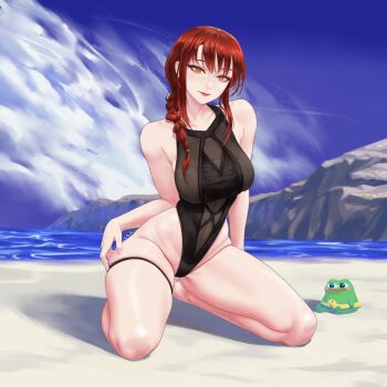 1girl absurdres artist_name bare_shoulders beach black_one-piece_swimsuit blush braid braided_ponytail breasts chainsaw_man covered_navel curvy duck_innertube gabriel_carrasquillo hair_between_eyes hair_over_shoulder hand_on_own_thigh highleg highleg_one-piece_swimsuit highres innertube large_breasts long_hair looking_at_viewer makima_(chainsaw_man) one-piece_swimsuit outdoors pepe_the_frog red_hair ringed_eyes sidelocks sitting skindentation smile solo_focus swim_ring swimsuit thigh_strap thighs wariza wide_hips yellow_eyes