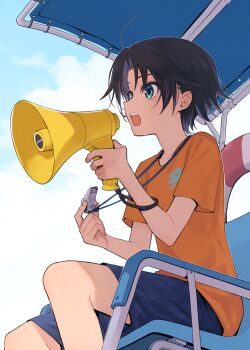 Rule 34 | 1boy, aqua eyes, black hair, blue shorts, chair, collarbone, commentary request, highres, holding, holding megaphone, holding whistle, lifebuoy, lifeguard, lifeguard chair, male focus, megaphone, open mouth, orange shirt, original, outdoors, shirt, short hair, shorts, sitting, solo, swim ring, t-shirt, whistle, whistle around neck, yunomori r