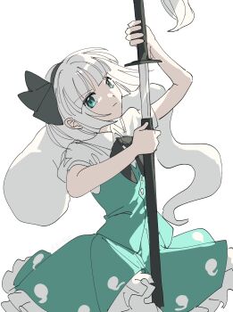 Rule 34 | 1girl, black bow, black bowtie, black hairband, bow, bowtie, closed mouth, collared shirt, commentary request, drawing sword, frilled skirt, frills, green eyes, green skirt, green vest, grey hair, hairband, highres, hitodama, hitodama print, holding, holding sword, holding weapon, katana, konpaku youmu, konpaku youmu (ghost), looking at viewer, puffy short sleeves, puffy sleeves, sheath, shirt, short sleeves, skirt, skirt set, solo, sword, touhou, uehara suiyo, unsheathing, vest, weapon, white shirt