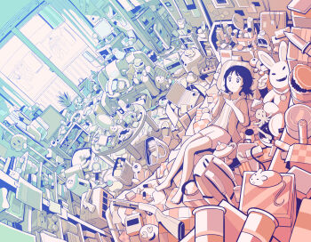 1girl absurdly_detailed_composition bag bare_legs barefoot black_hair box computer couch gun hebitsukai highres laptop limited_palette loaded_interior medium_hair original pillow plant rifle shadow shelf shorts slippers solo stuffed_toy table trash_can weapon wide_shot window