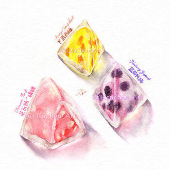 artist_name blueberry commentary_request dated food food_focus fruit lisazhou_art mango no_humans painting_(medium) peach reflection shadow starbucks traditional_media watercolor_(medium) white_background zongzi