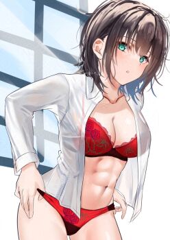 Rule 34 | 1girl, abs, adjusting clothes, adjusting panties, aoi erika, aqua eyes, black hair, blush, bra, breasts, brown hair, cleavage, collarbone, collared shirt, floral print, green eyes, heaven burns red, highres, lace, lace-trimmed bra, lace trim, large breasts, long sleeves, looking at viewer, medium breasts, medium hair, navel, no pants, noir (nowaru), open clothes, open shirt, panties, parted lips, print bra, print panties, red bra, red panties, see-through clothes, shirt, short hair, solo, standing, underwear, white shirt, window