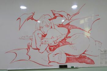 1girl arm_support ass bat_wings boots breast_press breasts capcom darkstalkers demon_girl highres huge_ass large_breasts legs leotard long_hair looking_at_viewer looking_back lying monochrome morrigan_aensland on_stomach sideboob sketch thick_thighs thighs traditional_media wings