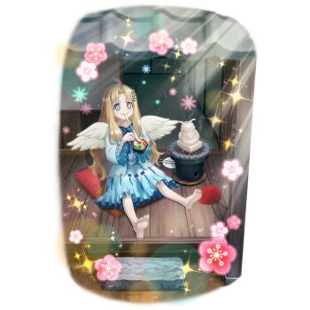 1girl ahoge artist_request barefoot bird_girl bird_wings blonde_hair blue_dress blue_eyes blush check_food cherry_blossoms child closed_mouth curtained_hair dress eating eyelashes feathered_wings filo_(tate_no_yuusha_no_nariagari) food food_request forehead frilled_dress frilled_sleeves frills full_body game_cg hair_ornament hand_fan long_hair long_sleeves looking_ahead mochi mochi_trail official_art on_pillow outdoors paper_fan pillow porch simple_background sitting sitting_on_pillow smile solo sparkle sparkling_eyes straight_hair tate_no_yuusha_no_nariagari tate_no_yuusha_no_nariagari_rerise transparent_background two-tone_dress uchiwa white_dress white_wings wing_hair_ornament wings yakimochi zouni_soup