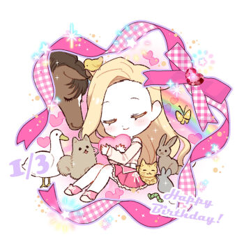 1girl animal animal_on_head baby_animal bare_shoulders bird bird_on_head bug butterfly cat chibi chibi_only chick commentary_request dated duck full_body gem gingham_ribbon happy_birthday heart heart-shaped_gem highres holding holding_heart horse ikizulive!_love_live!_bluebird insect kiyose_akame konohana_aurora love_live! miniskirt official_alternate_costume official_art on_head pink_ribbon pink_shoes pink_skirt pleated_skirt pomeranian_(dog) rabbit red_gemstone ribbon shirt shoes sitting skirt sneakers solo white_shirt worm yellow_butterfly