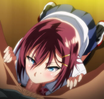 1boy 1girl akane_wa_tsumare_somerareru annoyed black_socks blue_eyes blue_skirt blush brown_hair censored disgust dutch_angle fellatio hair_between_eyes hair_ornament hairclip hands_on_another's_thighs indoors kneeling light_blush male_pubic_hair medium_hair mosaic_censoring nanao_akane oral pubic_hair school_uniform shirt shoes skirt socks t-rex_(animation_studio) takeda_hiromitsu v-shaped_eyebrows white_shirt