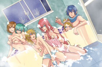 3boys 4girls :q bad_id bad_pixiv_id bath bathing bathroom bathtub blood blue_scarf blush breasts covering_crotch covering_privates dutch_angle eggplant everyone family femdom hatsune_miku indoors jealous kagamine_len kagamine_rin kaito_(vocaloid) kamui_gakupo large_breasts looking_back megurine_luka meiko_(vocaloid) mixed-sex_bathing multiple_boys multiple_girls naked_scarf nayu nosebleed nude on_floor scarf shared_bathing smile squatting stalking steam tongue tongue_out towel vocaloid voyeurism wet when_you_see_it window yuri