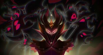 1boy arms_at_sides beak bird_boy black_cloak black_feathers black_sclera bright_pupils brooch chromatic_aberration cloak closed_mouth colored_sclera crown curled_horns dark_background demon demon_boy demon_horns demon_wings elephant expressionless extra_eyes eye_markings eyeball feathers four-pointed_star furry furry_male glint glowing glowing_eyes goat_boy goat_horns gold_crown hellaverse helluva_boss highres horned_owl horns jewelry looking_afar looking_at_viewer mature_male owl_boy paimon_(helluva_boss) red_eyes standing tusks white_pupils wings xixixixi1037