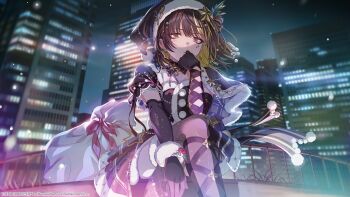 1girl artist_request black_gloves black_hair black_santa_costume black_thighhighs blonde_hair blurry blurry_background building cityscape commentary_request dress elbow_gloves gloves hat highres idolmaster idolmaster_shiny_colors idolmaster_shiny_colors_song_for_prism ikaruga_luca looking_at_viewer looking_down medium_hair miniskirt multicolored_hair official_art outdoors sack santa_costume santa_dress santa_hat short_dress sitting skirt snowing solo streaked_hair thighhighs two-tone_hair yellow_eyes