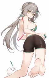 Rule 34 | 1girl, alternate costume, ass, back, bike shorts, bird, breasts, foot out of frame, from behind, green eyes, grey hair, hair ornament, hairclip, highres, holding, holding mahjong tile, honkai: star rail, honkai (series), inniyik, kneeling, long hair, looking at viewer, looking back, low twintails, mahjong, mahjong tile, medium breasts, open mouth, qingque (honkai: star rail), sidelocks, simple background, single off shoulder, soles, solo, twintails, white background