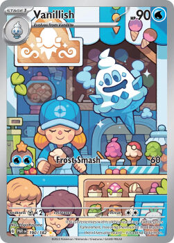 artist_name blonde_hair blue_hat blush blush_stickers brown_hair card_(medium) character_name closed_eyes closed_mouth company_name copyright_name copyright_notice eating english_text eyelashes floating food gen_5_pokemon hat ice_cream ice_cream_cone ice_cream_scoop_(utensil) kayama_taiga medium_hair nintendo official_art poke_ball_theme pokemon pokemon_(creature) pokemon_card pokemon_tcg short_hair smile third-party_source trading_card vanillish vanillite