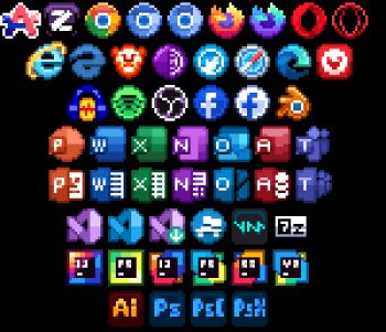 adobe_illustrator adobe_photoshop audacity black_background blender_(medium) blender_(software) chromium_(browser) commentary english_commentary facebook google_chrome highres icon_(computing) internet_explorer lizterzapzap microsoft_excel microsoft_office microsoft_onenote microsoft_outlook microsoft_powerpoint microsoft_teams microsoft_visual_studio mozilla_firefox no_humans obs_studio opera_(web_browser) pixel_art safari_(browser) simple_background spotify tor_browser vivaldi_(browser)