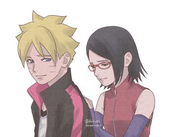 1boy 1girl black_eyes black_jacket blonde_hair blue_arm_warmers blue_eyes boruto:_naruto_next_generations breasts commentary_request facial_mark glasses half-closed_eyes hand_on_another&#039;s_back highres jacket light_smile matsu_(fu6ide2) naruto_(series) pink_lips red-framed_eyewear small_breasts twitter_username uchiha_sarada uzumaki_boruto watermark whisker_markings