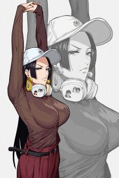 1girl absurdres alternate_costume arms_up baseball_cap belt black_belt black_hair blue_eyes boa_hancock breasts brown_shirt closed_mouth commentary earrings hat headphones headphones_around_neck highres jewelry large_breasts long_sleeves mikey_pie one_piece pants red_pants shirt simple_background snake_earrings solo stretching white_background white_hat zoom_layer