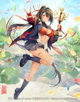 1girl bandaid bandaid_on_face bandaid_on_thigh bandeau black_hair black_shoes black_socks blonde_hair breasts breasts_out cleavage clenched_teeth confetti copyright_notice fingerless_gloves gloves grey_skirt hair_ribbon high_ponytail highres holding holding_trophy ichibakase_hajime jacket kneehighs large_breasts long_hair looking_at_viewer multicolored_hair natsuiro_xx navel official_art open_clothes open_jacket outdoors plaid_clothes plaid_skirt pond ponytail red_bandeau red_eyes red_sports_bra ribbon rock shirt shoes skirt smile socks solo sports_bra teeth trophy v very_long_hair white_shirt yellow_ribbon z/x