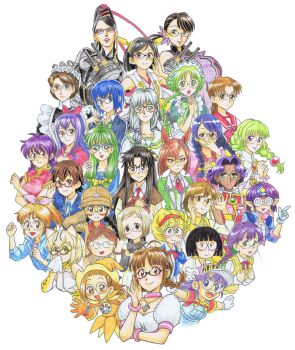 Rule 34 | 6+girls, absurdres, adjusting eyewear, akizuki ritsuko, antenna hair, arara cocoa, baba tamio, bakemonogatari, baseball cap, bayonetta, bayonetta (series), black-framed eyewear, black hair, blonde hair, blue eyes, blue hair, blush, braid, breasts, brown eyes, brown hair, character request, chibi maruko-chan, ciel (tsukihime), closed mouth, coke-bottle glasses, collarbone, copyright request, crossover, dark-skinned female, dark skin, dr. slump, earrings, elbow gloves, freckles, fujiwara hazuki, fukuda haru, girls und panzer, glasses, gloves, green eyes, green hair, grey-framed eyewear, hanekawa tsubasa, happy, hashtag-only commentary, hat, highres, himemiya anthy, honami tamae, idolmaster, idolmaster (classic), ikuno dictus (umamusume), interlocked fingers, jewelry, k-on!, kantai collection, kemono friends, kemonomimi mode, kirishima (kancolle), kisaragi mio, large breasts, lips, long hair, looking at viewer, low twin braids, magical girl, maid, manabe nodoka, margay (kemono friends), mole, mole under mouth, monogatari (series), multiple crossover, multiple girls, naoetsu high school uniform, ng knight lamune &amp; 40, norimaki arale, ojamajo doremi, opaque glasses, open mouth, orange gloves, over-rim eyewear, own hands clasped, own hands together, philia felice, pointy ears, ponytail, purple hair, read or die, rectangular eyewear, red-framed eyewear, ri kouran, round eyewear, sakura taisen, school uniform, semi-rimless eyewear, short hair, short ponytail, shoujo kakumei utena, simple background, single braid, sleeveless, smile, tales of (series), tales of destiny, tokimeki memorial, tokimeki memorial 1, trait connection, tsukihime, twin braids, umamusume, under-rim eyewear, white background, white gloves, winged hat, yellow eyes, yomiko readman