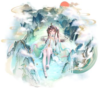 ahoge brown_hair cloud dragon_girl dragon_horns flower highres horns in_water lotus mountain non-web_source pantyhose riichi_city see-through_clothes twintails wet white_pantyhose yuzo_(riichi_city)