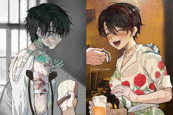 1girl 1other :d ^_^ absurdres alcohol bandaged_arm bandages beer before_and_after black_hair blood blush bruise closed_eyes closed_mouth collared_shirt commentary crutch cup cuts earrings english_commentary english_text floral_print floral_print_shirt gauze gauze_on_back gauze_on_cheek gauze_on_nose gauze_on_shoulder hand_up handkerchief happy highres holding holding_cup holding_handkerchief injury jewelry mole mole_under_mouth notched_ear open_mouth original out_of_frame park_ongjol partially_colored pov ring rose_print scar scar_across_eye scar_on_arm scar_on_face scar_on_neck scarred_tomboy_maid_(park_ongjol) shirt short_hair smile split_screen tank_top upper_body wedding_ring white_shirt white_tank_top yellow_eyes