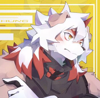 1boy arknights crossed_arms furry furry_male highres horns hung_(arknights) kanato_(sakehabera) long_hair looking_away male_focus mythological_creature shirt single_horn sleeveless sleeveless_shirt sweatdrop yellow_background