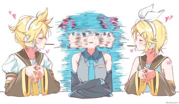 Rule 34 | 1boy, 2girls, afterimage, arm tattoo, bad id, bad twitter id, bare shoulders, bisexual female, blonde hair, blue eyes, blue hair, blue necktie, closed eyes, crossed arms, detached sleeves, earphones, food, food in mouth, hatsune miku, headset, heart, highres, inactive account, isono (isonoproject), kagamine len, kagamine rin, motion blur, multiple girls, necktie, nervous sweating, number tattoo, own hands together, pocky, pocky in mouth, simple background, sweat, tattoo, twitter username, vocaloid, white background