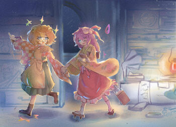 +++ 2girls absurdres apron bell blue_eyes book boots brown_boots checkered_clothes checkered_kimono chinese_commentary commentary_request fang floral_print flower geta glasses green_kimono green_skirt hair_bell hair_flower hair_ornament hieda_no_akyuu highres holding holding_book holding_hands japanese_clothes kimono leg_up long_sleeves motoori_kosuzu multiple_girls one_eye_closed open_mouth pointing print_kimono purple_hair red_skirt skirt smile socks t0nys touhou white_socks wide_sleeves yellow_apron yellow_kimono