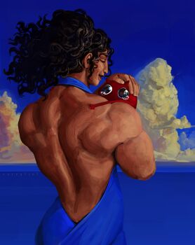 1girl 1other absurdres black_hair blue_dress cloud creature curly_hair dark-skinned_female dark_skin demon dilated_pupils dress highres holding holding_creature horns hug muscular muscular_female ocean original outdoors tearing_up zarzaliel