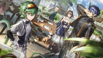 Rule 34 | 2boys, 3girls, alanna (arknights), arknights, baimudafeiyu, blue sky, building, cake, chinese commentary, cloud, cloudy sky, commentary request, dutch angle, flamebringer (arknights), food, fox, highres, looking at viewer, multiple boys, multiple girls, official art, outdoors, perfumer (arknights), podenco (arknights), sky, table, verdant (arknights)