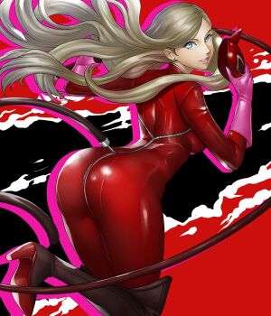 1girl ass blonde_hair blue_eyes bodysuit breasts cat_tail commentary commission english_commentary fake_tail floating_hair from_behind grin hair_down high_heels holding holding_mask holding_whip lips long_hair looking_at_viewer looking_back mask medium_breasts persona persona_5 red_background red_bodysuit rondeu skin_tight smile solo tail takamaki_anne very_long_hair