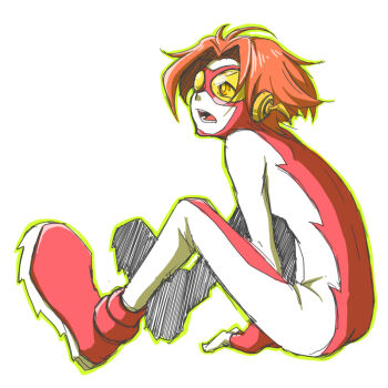 1boy bart_allen boots dc_comics fingerless_gloves flash_(series) full_body gloves goggles impulse ladama male_focus sitting solo superhero_costume young_justice