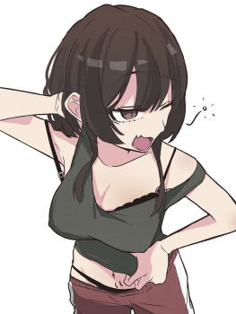 1girl bare_arms bare_shoulders black_bra black_panties bonnouji_momoha bra bra_strap breasts brown_eyes brown_hair cleavage collarbone commentary covered_erect_nipples fang hand_in_own_hair highres kimi_no_koto_ga_dai_dai_dai_dai_daisuki_na_100-nin_no_kanojo large_breasts medium_hair midriff navel one_eye_closed open_mouth panties pants pizzayanopunch red_pants scratching_head scratching_stomach simple_background skin_fang solo squeans strap_slip tank_top underwear white_background yawning