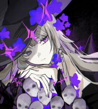 1girl bare_shoulders black_background black_hat black_sleeves closed_mouth commentary_request detached_sleeves empty_eyes fingernails flower grey_hair hair_ornament half-closed_eyes hat herta_(honkai:_star_rail) highres honkai:_star_rail honkai_(series) long_fingernails long_hair long_sleeves looking_afar nail_polish purple_eyes purple_flower purple_nails sidelocks simple_background solo sparkle the_herta_(honkai:_star_rail) upper_body wide_sleeves witch_hat x_hair_ornament yayu_yyo430